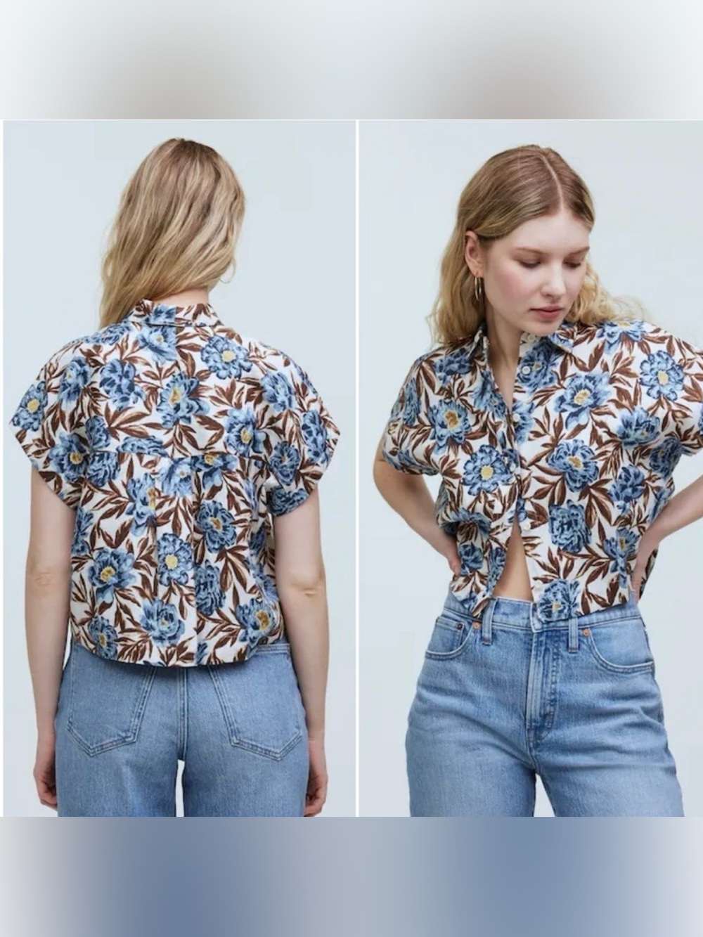 Madewell Crop Dolman Sleeve Floral 100% Linen Shirt Size Small 💙🤎